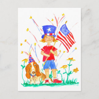 Carte Postale Joyeux 4 juillet Patriotique Fille Hound Chien