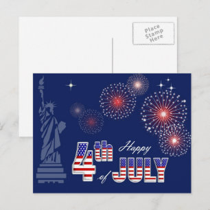 Carte Postale Joyeux 4 juillet. Statue de la Liberté et feux d'a