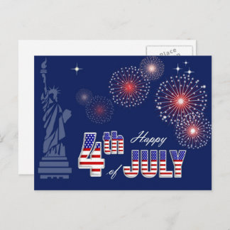 Carte Postale Joyeux 4 juillet. Statue de la Liberté et feux d'a