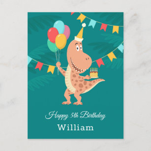 Carte Postale Joyeux 5 Anniversaire Cake Balloon Cute Dinosaur