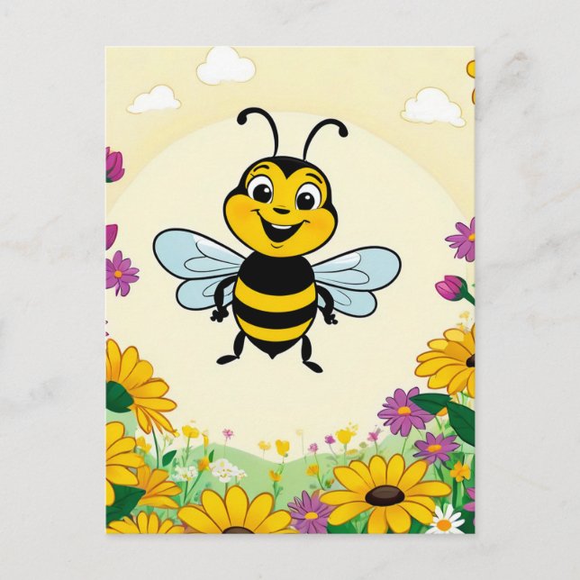 Carte Postale Joyeux Abeille En Fleurs Colorées (Devant)