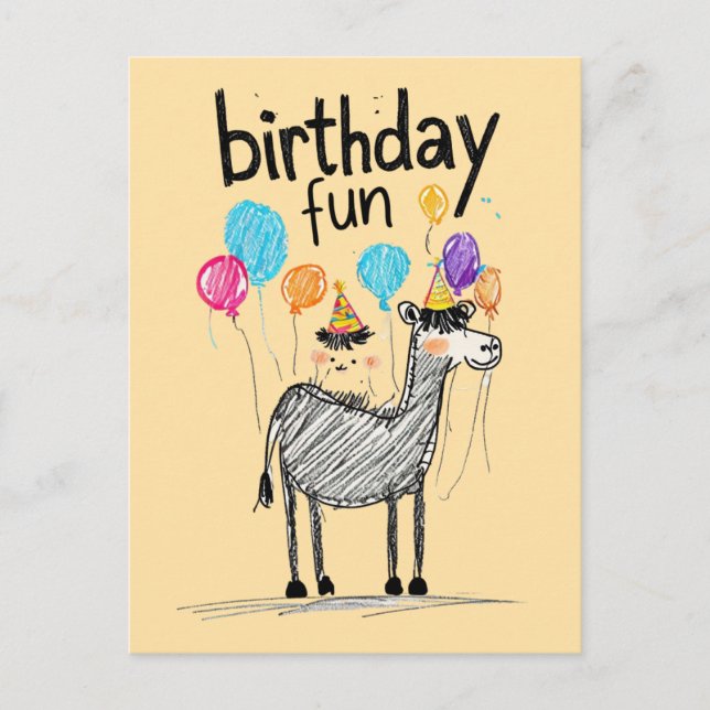 Carte Postale Joyeux Anniversaire Amusement avec un Cheval Migno (Devant)