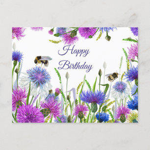 Carte Postale Joyeux Anniversaire Aquarelle Bleuets Violets, Ble