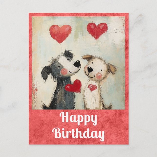 Carte Postale Joyeux Anniversaire Aquarelle Chien Mignon Coeur (Devant)