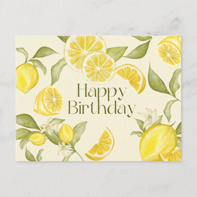 Carte Postale Joyeux Anniversaire Aquarelle Citrons, Fleur de Ci (Devant)