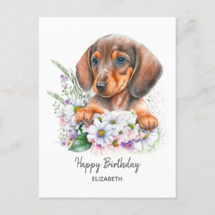 Carte Postale Joyeux anniversaire Aquarelle Dachshund et Flora