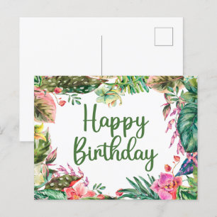 Carte Postale Joyeux Anniversaire Aquarelle Feuilles Tropicales,