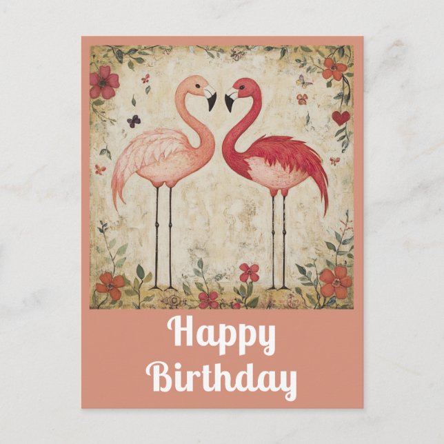 Carte Postale Joyeux Anniversaire Aquarelle Flamant Rose Mignon (Devant)