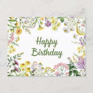 Carte Postale Joyeux anniversaire aquarelle Fleurs sauvages et o