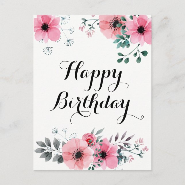 Carte Postale Joyeux Anniversaire Aquarelle Floral Rose (Devant)