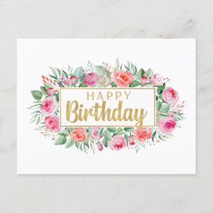 Carte Postale Joyeux Anniversaire Aquarelle Roses Roses 