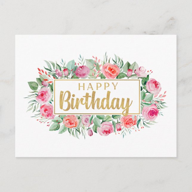 Carte Postale Joyeux Anniversaire Aquarelle Roses Roses  (Devant)