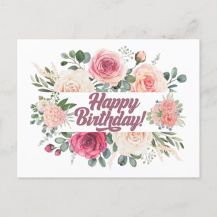 Carte Postale Joyeux Anniversaire Aquarelle Roses Vintage Floral