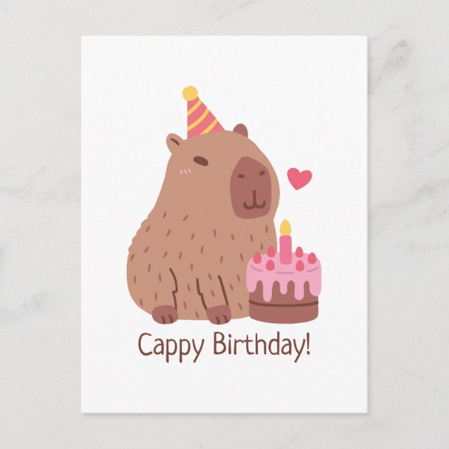 Carte Postale Joyeux anniversaire au capybara mignon avec gâteau (Devant)