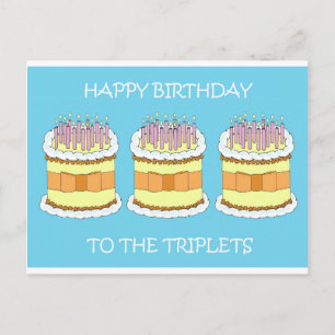 Carte Postale Joyeux anniversaire aux Triplets, gâteaux et bougi
