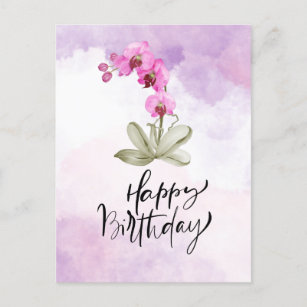 Carte Postale Joyeux anniversaire avec aquarelle orchidée violet