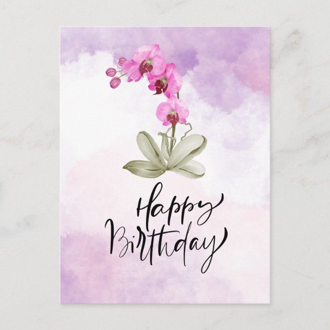 Carte Postale Joyeux anniversaire avec aquarelle orchidée violet (Devant)