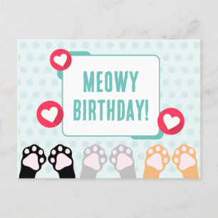 Carte Postale Joyeux Anniversaire avec des Pattes de Chat à Poin
