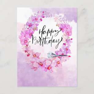 Carte Postale Joyeux anniversaire avec l'aquarelle orchidée viol