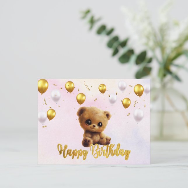 Carte postale "Joyeux anniversaire" avec un ours e (Debout devant)