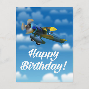 Carte Postale Joyeux Anniversaire avion vintage dans un ciel ble