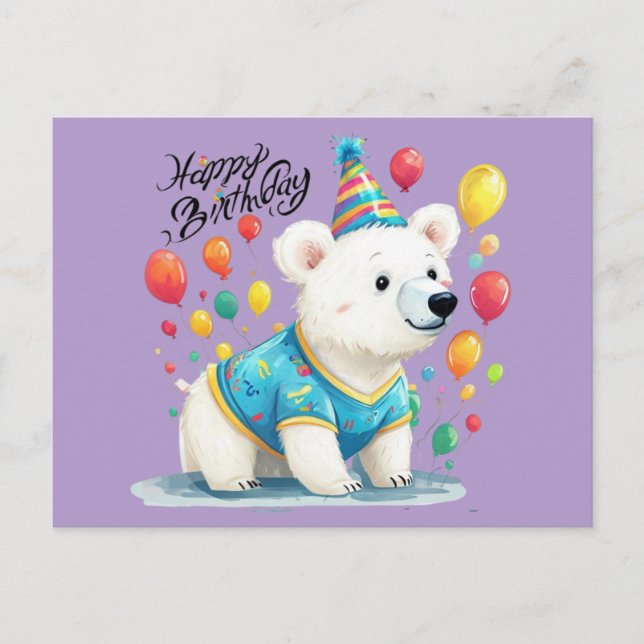 Carte Postale Joyeux Anniversaire Ballons Ours Polaire Fête Art (Devant)