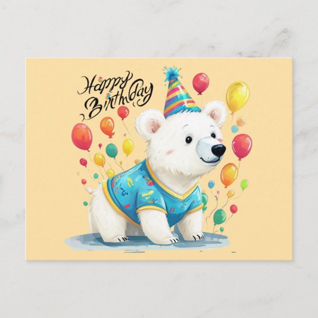 Carte Postale Joyeux Anniversaire Ballons Ours Polaire Fête Art (Devant)
