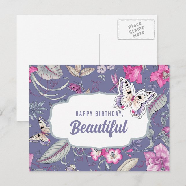 Carte Postale Joyeux Anniversaire, Beau. Fleurs et papillon (Devant / Derrière)