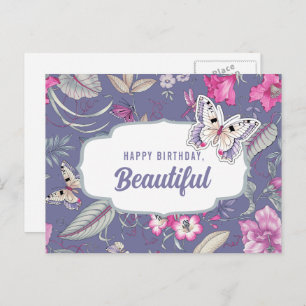Carte Postale Joyeux Anniversaire, Beau. Fleurs et papillon