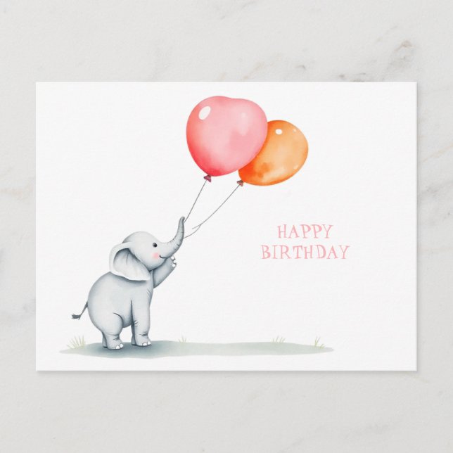 Carte Postale Joyeux anniversaire. bébé éléphant avec ballons (Devant)