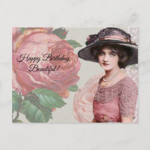 Carte Postale Joyeux Anniversaire, Belle - Dame Vintage et Rose