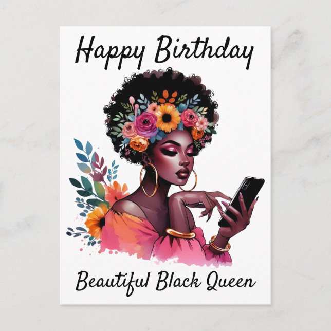 Carte Postale Joyeux Anniversaire Belle Reine Noire Mélanine Sis (Devant)