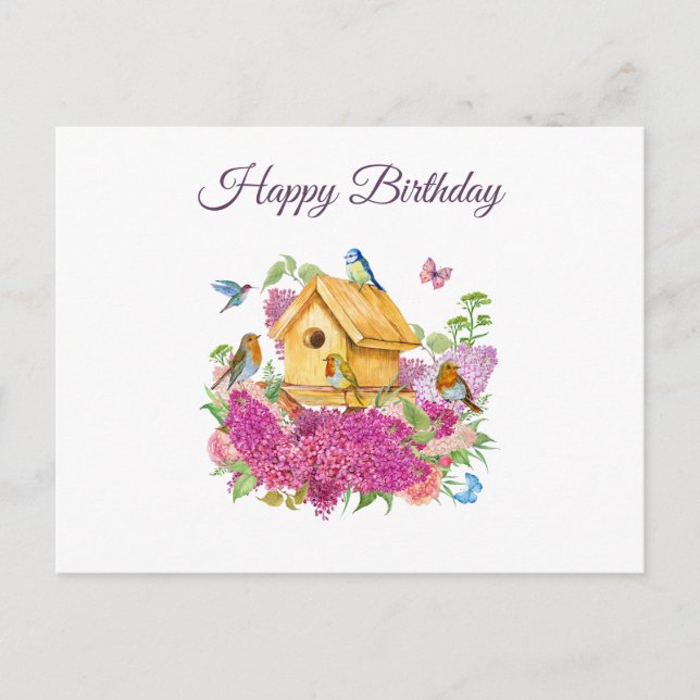 Carte Postale Joyeux Anniversaire Birdhouse Lilac Fleurs (Devant)