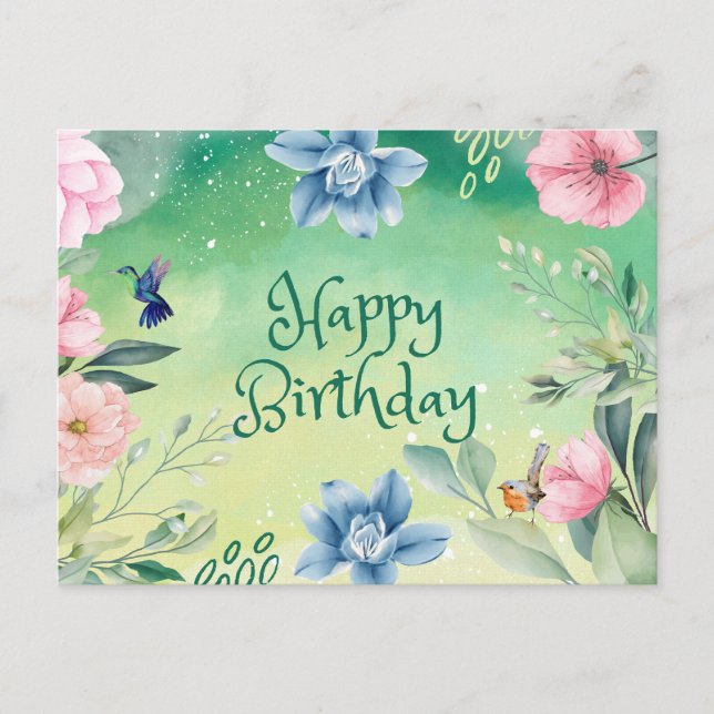 Carte Postale Joyeux Anniversaire Bleu, Fleurs Aquarelles Roses (Devant)