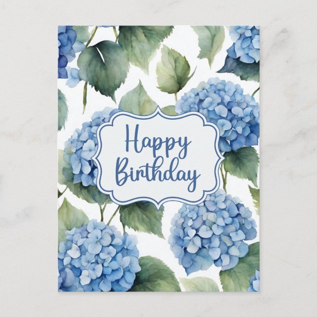 Carte Postale Joyeux anniversaire bleu Hydrangea Fleurs aquarell (Devant)