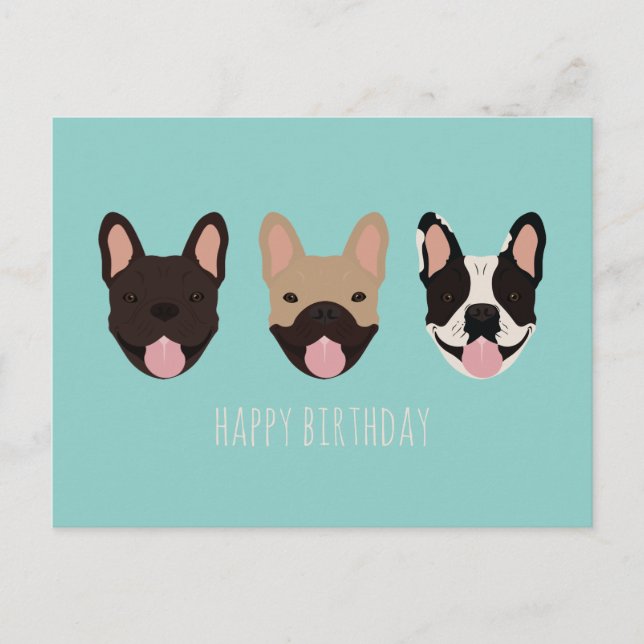Carte Postale Joyeux Anniversaire Bouledogue Français Teal (Devant)