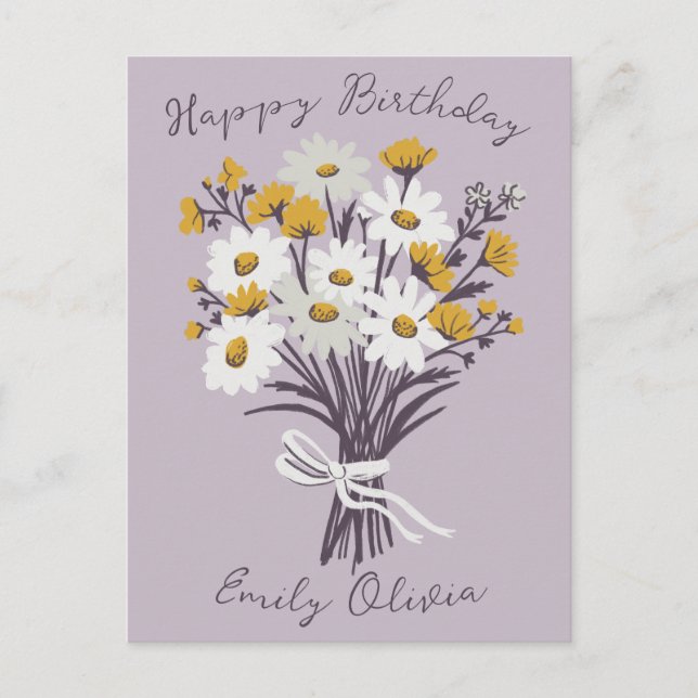 Carte Postale Joyeux Anniversaire Bouquet Daisy Rétro NOM PERSON (Devant)