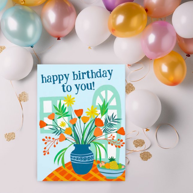 Carte Postale Joyeux Anniversaire Bouquet de Fleurs Mignonnes de (Sweet happy birthday postcard with drawing of a vase full of flowers. Add your own text to customize)
