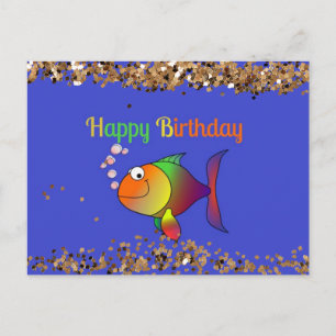 Carte Postale Joyeux Anniversaire, Bulles le Poisson avec Or Pou
