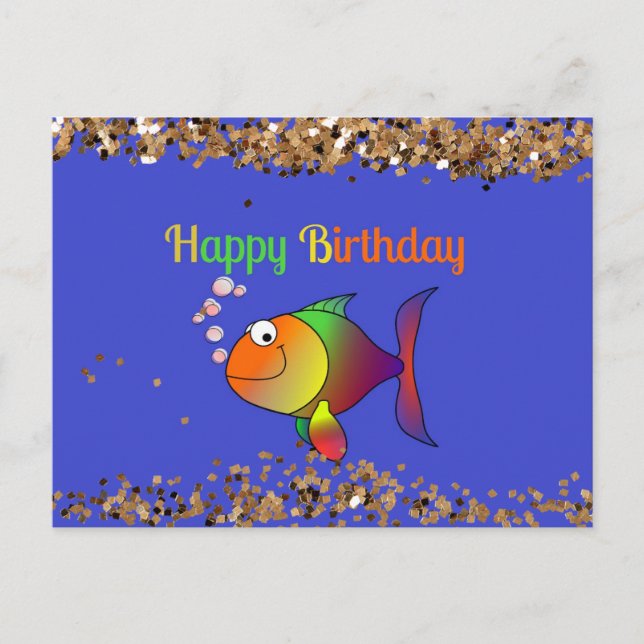 Carte Postale Joyeux Anniversaire, Bulles le Poisson avec Or Pou (Devant)