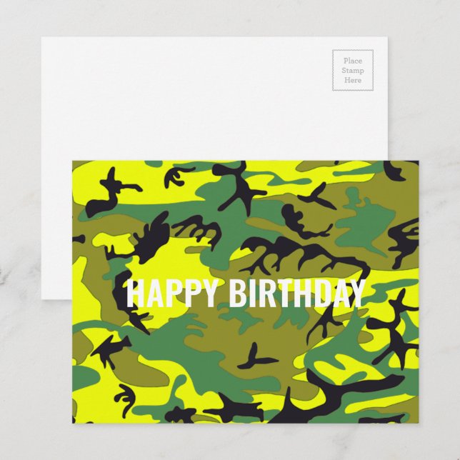 Carte Postale Joyeux Anniversaire Camouflage Jaune Vert Abstrait (Devant / Derrière)