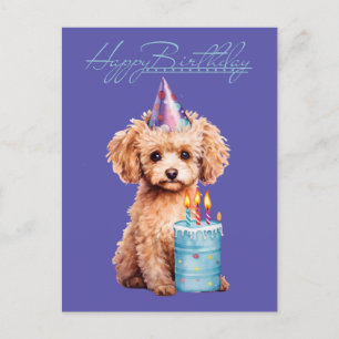 Carte Postale Joyeux Anniversaire Caniche avec Chapeau de Fête &