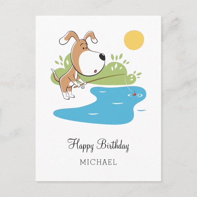 Carte Postale Joyeux Anniversaire Caricature Chien mignon Pêche  (Devant)