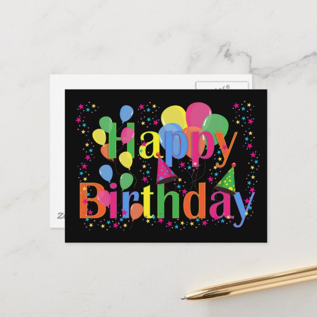 Carte Postale Joyeux Anniversaire, célébration festive d'anniver (Devant/Arrière en situation)