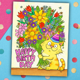 Carte Postale Joyeux Anniversaire Chat avec des Fleurs 