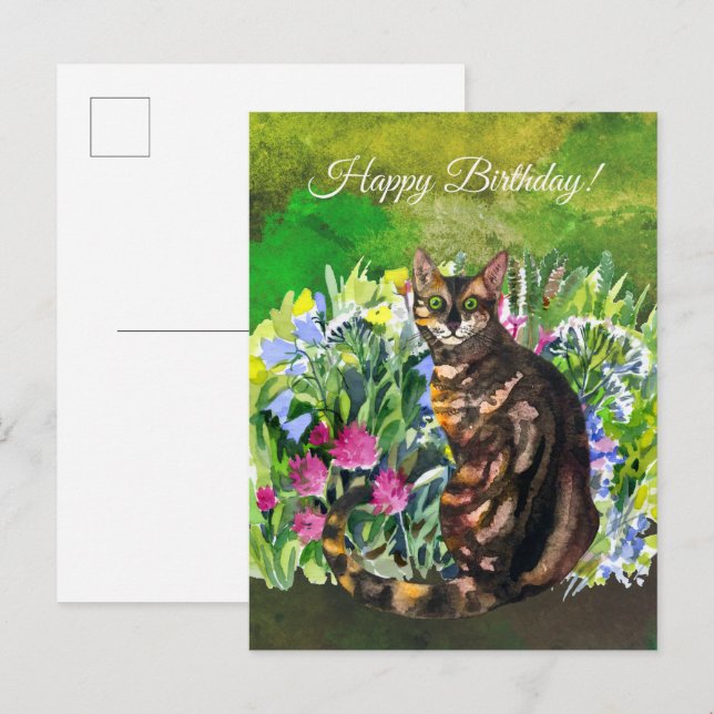 Carte Postale Joyeux Anniversaire Chat Bengal avec des fleurs (Devant / Derrière)