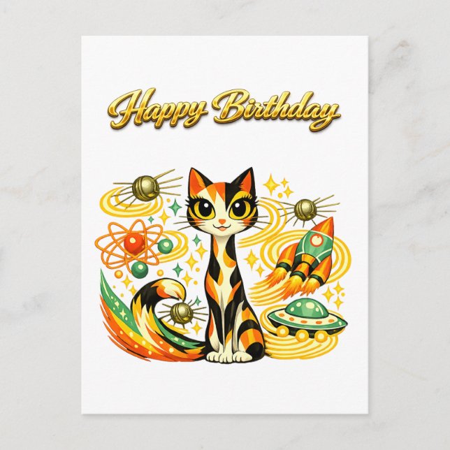 Carte Postale Joyeux Anniversaire Chat Calico Espace Atomique Sc (Devant)