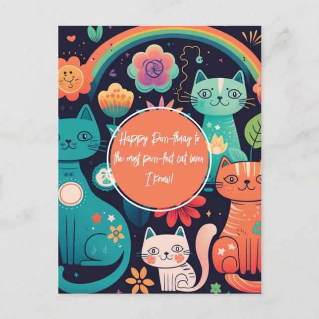 Carte Postale Joyeux Anniversaire Chat de Style Boho Mignon (Devant)