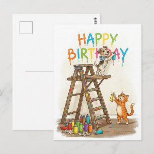 Carte Postale Joyeux Anniversaire Chat et Chien