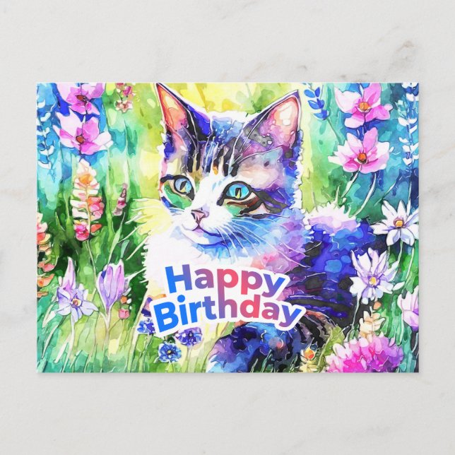 Carte Postale Joyeux Anniversaire Chat et Fleurs Aquarelle (Devant)